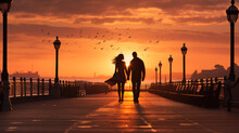Sunset Stroll, Warm Tones, Silhouettes, Romance, Boardwalk, Couple's Getaway