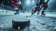 Intense hockey match action close-up on puck, AI Generative.
