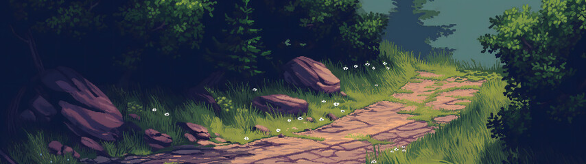 Wall Mural - road in the middle of the forest in pixel art style, pixel art background, rpg game background, background with a ratio size of 32:9