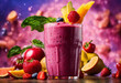 colorful gorgeous heartwarming fruit smoothies. Pieces of fruit and smoothie splashes in the air