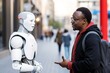 An African-American man on a city street talking to a robot in a friendly manner