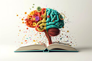 Creative colorful brain and gears, on open book with education and success, Online education, creative mind, new idea, training, tutor, video lesson, course, knowledge and Collage school