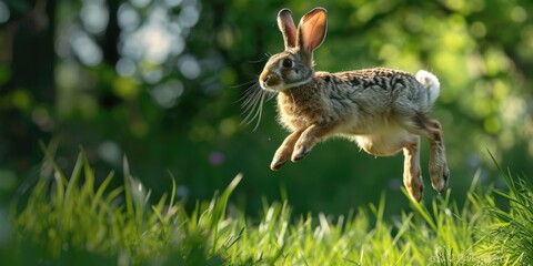 Poster - A lively brown and white rabbit captured mid-air while jumping. Perfect for adding a playful touch to any project