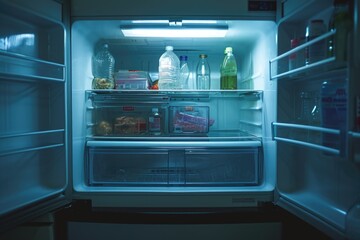 Poster - An open refrigerator filled with a variety of food and drinks. Perfect for illustrating a well-stocked kitchen or showcasing a wide selection of refreshments