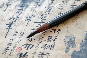 Wall Mural - A pen sits on top of a piece of writing, ready to be used. This versatile image can be used to represent creativity, education, or the power of words