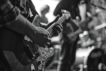 Poster - A detailed close-up image of a person playing a guitar. This picture can be used to showcase musicians, music lessons, or live performances.