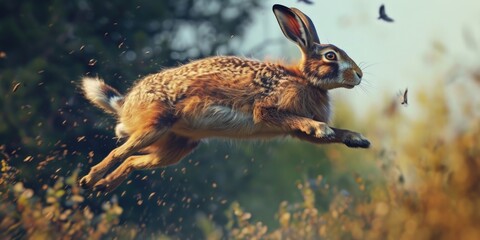 Poster - A rabbit captured mid-air while jumping in a field. Perfect for nature and animal-themed projects