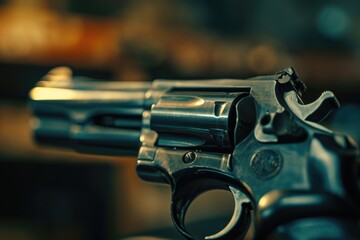 Poster - A close-up view of a gun placed on a table. This image can be used to depict themes of firearms, crime, security, or law enforcement