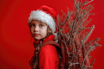 Poster - A little girl wearing a Santa hat and carrying a Christmas tree. Perfect for holiday-themed designs and festive decorations