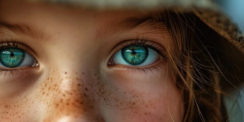 Aufkleber - Close up of a child's eyes with freckles. Ideal for capturing the innocence and uniqueness of a child's features.