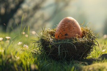 Aufkleber - An egg sitting in a nest in the grass. Suitable for nature and spring themes