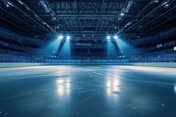 Wall Mural - An empty hockey rink with lights shining on the ice. Suitable for sports-related designs and concepts