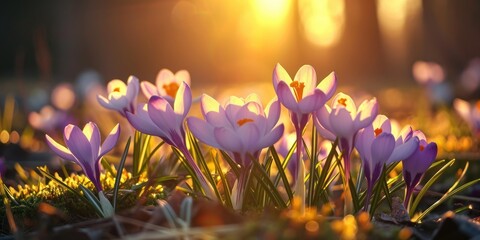Poster - A beautiful field of purple flowers with the sun shining in the background. Ideal for nature and landscape designs