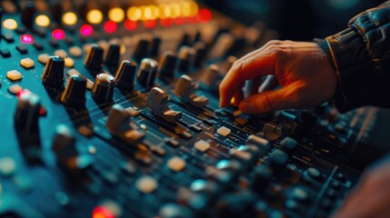 Poster - A detailed close-up of a person's hand on a mixing board. This image can be used to showcase music production, sound engineering, or DJ equipment