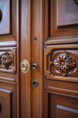 Poster - Close-up shot of a door handle on a wooden door. Can be used to add a rustic touch to any design project