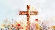 A Watercolor Painting Of A Cross Surrounded By Vibrant Flowers. Perfect For Religious Or Spiritual Themes