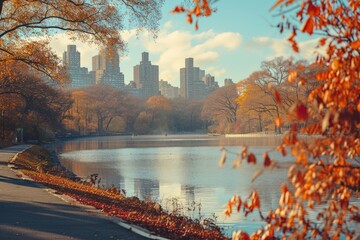 Aufkleber - A serene view of a lake in a city park. Perfect for nature lovers and urban landscape enthusiasts