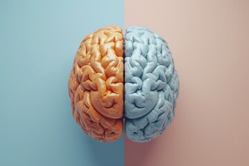 Poster - A picture showcasing two halves of a human brain on a vibrant blue and pink background. Ideal for medical and scientific presentations