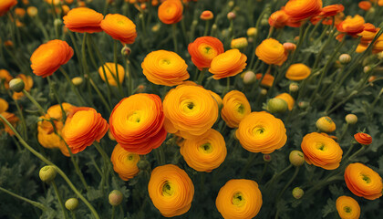 Wall Mural - Close up view of yellow Ranunculus flowers in a field aka buttercup flower