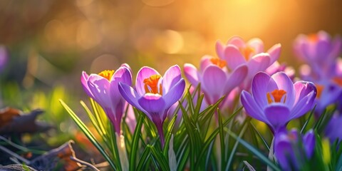 Poster - A beautiful field of purple flowers with the sun shining in the background. Perfect for nature and spring-themed designs