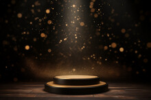 Product Scene On A Black Podium With Spotlight And Golden Glitter Background.