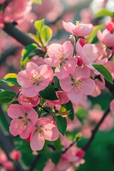 Aufkleber - a close-up shot showcasing the beauty of pink flowers on a tree. perfect for nature enthusiasts or a