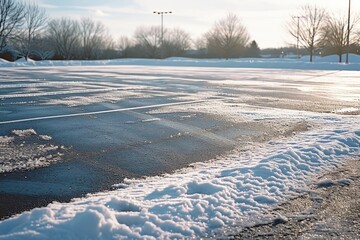 Poster - A snowy parking lot with trees in the background. Ideal for winter-themed designs and advertisements