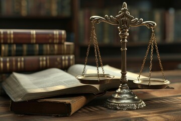 Wall Mural - A scale of justice sits atop an open book, symbolizing fairness and equality. This image can be used to represent legal concepts, education, law books, or the pursuit of justice