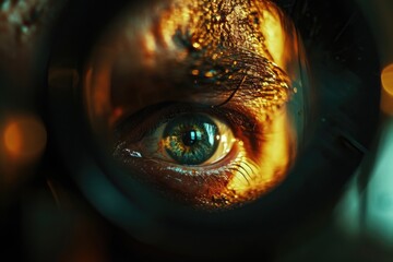 Poster - Close-up view of a person's eye as seen through a magnifying glass. Can be used to illustrate concepts of investigation, curiosity, or attention to detail