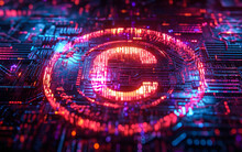 Vibrant Digital Copyright Symbol Encircled By Neon Cyber Structures, Representing Intellectual Property Protection In The Tech-driven Business World