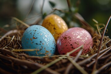 Poster - Three eggs are nestled in a nest made of grass and twigs. This image can be used to represent new beginnings, fertility, or the cycle of life