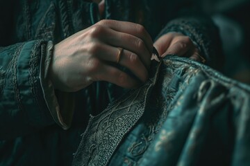 Poster - A woman is seen sewing a dress with a pair of scissors. This image can be used to depict fashion design or DIY projects