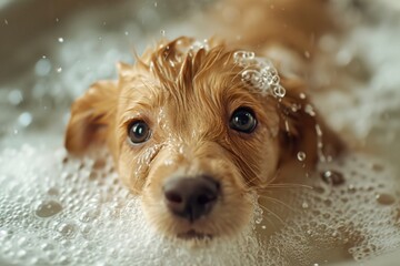 Sticker - A dog is taking a bath in a sink. Perfect for pet grooming, hygiene, and cleanliness concepts