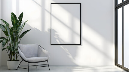 Wall Mural - Beautiful modern white room with an empty frame for text on the wall and a white armchair