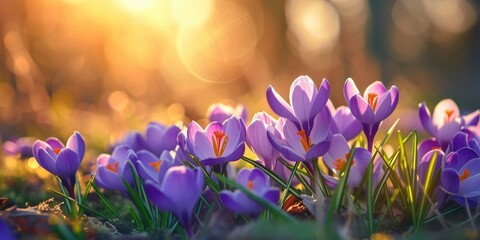 Canvas Print - A beautiful field of purple flowers with the sun shining in the background. Perfect for nature-themed designs and backgrounds