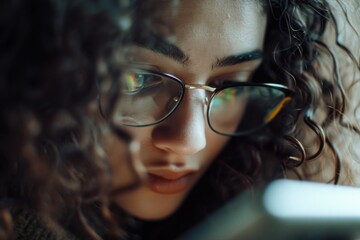 Aufkleber - A woman wearing glasses is seen looking at her cell phone. This image can be used to depict technology, communication, or modern lifestyle