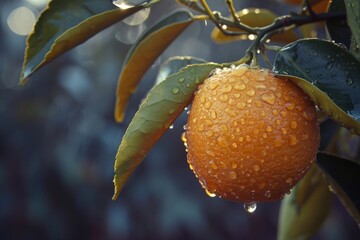 Poster - An up-close view of a ripe orange hanging on a tree. Perfect for illustrating the beauty of nature and showcasing the vibrant colors of citrus fruits
