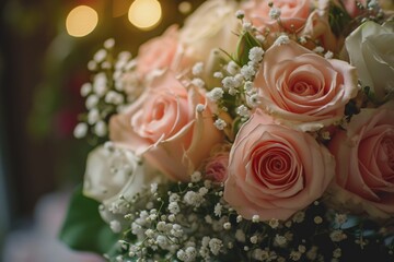 Poster - A detailed view of a bouquet featuring beautiful pink and white roses. Perfect for various occasions and floral-themed designs