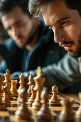 Poster - Two men engaged in a game of chess. Suitable for illustrating strategic thinking or intellectual competition