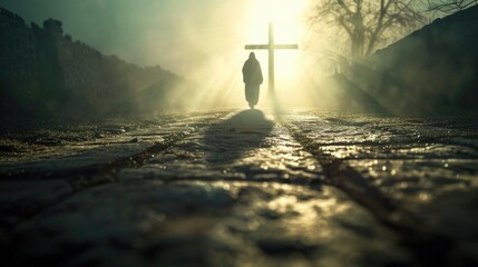 Poster - A person is seen walking towards a cross on a road. This image can be used to represent a journey, spirituality, or reflection