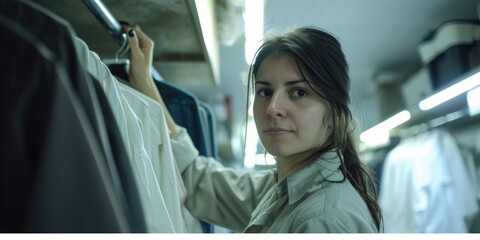 Poster - A woman is looking at a rack of clothes. Perfect for fashion retail or shopping concept