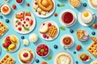 A variety of breakfast foods displayed on a blue background. Perfect for food blogs, recipe websites, and restaurant menus