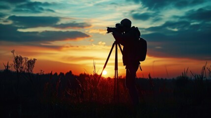 Poster - A person with a camera capturing the beauty of a sunset in a field. Perfect for showcasing the golden hour and nature photography.