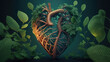Heart made of dna helix, tree, forest and leaves on dark green background