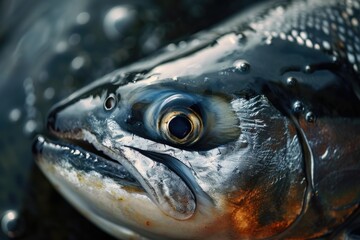 Poster - A detailed view of a fish's face with water droplets. Perfect for nature and aquatic-themed projects