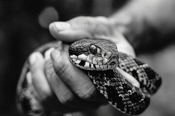 Poster - A black and white photo of a snake in someone's hand. Great for educational materials or articles about reptiles