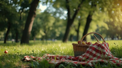 Poster - A basket of apples sitting on top of a checkered blanket. Perfect for autumn picnics or food-related concepts