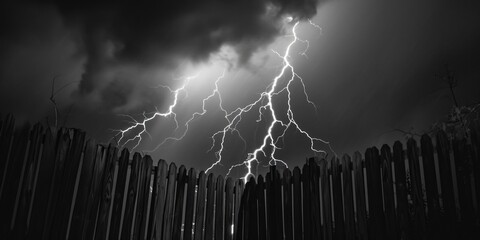 Poster - A powerful lightning storm captured in a black and white photograph. Perfect for adding drama and intensity to any project