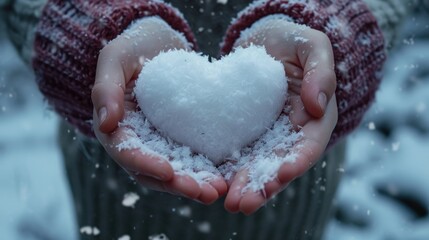 Poster - A person holding a snow heart in their hands. Can be used for winter themes or Valentine's Day