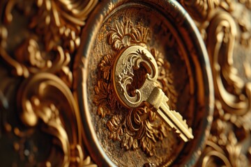 Poster - A close-up view of a clock with a key on it. This image can be used to depict the concept of time management or the passing of time